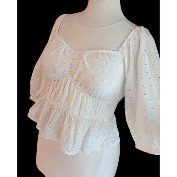 a new day Tops - A New Day White Eyelet Puff Sleeve Cotton Crop Top Smocked Square Neck Peplum M